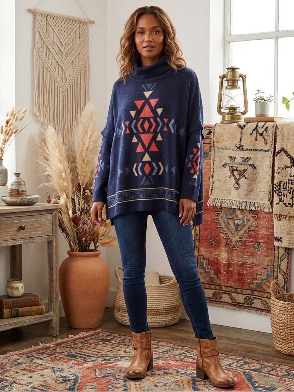 J. Jill Poncho Style Sweater Cowl Neck Aztec Southwestern Blue Large Petite